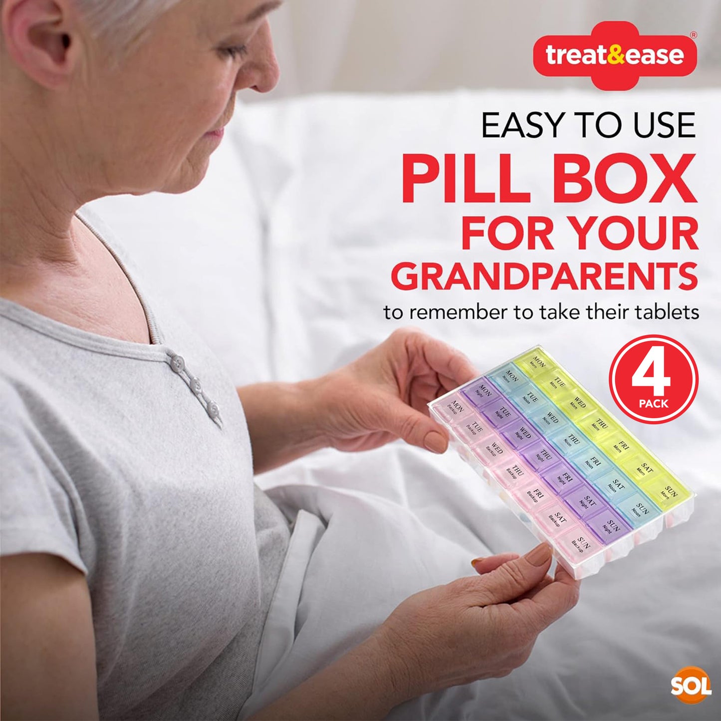 SOL 4pk Weekly Pill Box Organiser - 7 Day 4 Times a Day - Colourful Compartments, Large Storage for Medication, Easy-to-Lift Lids, Travel-Friendly, Ideal for Supplements and Daily Tablet Management