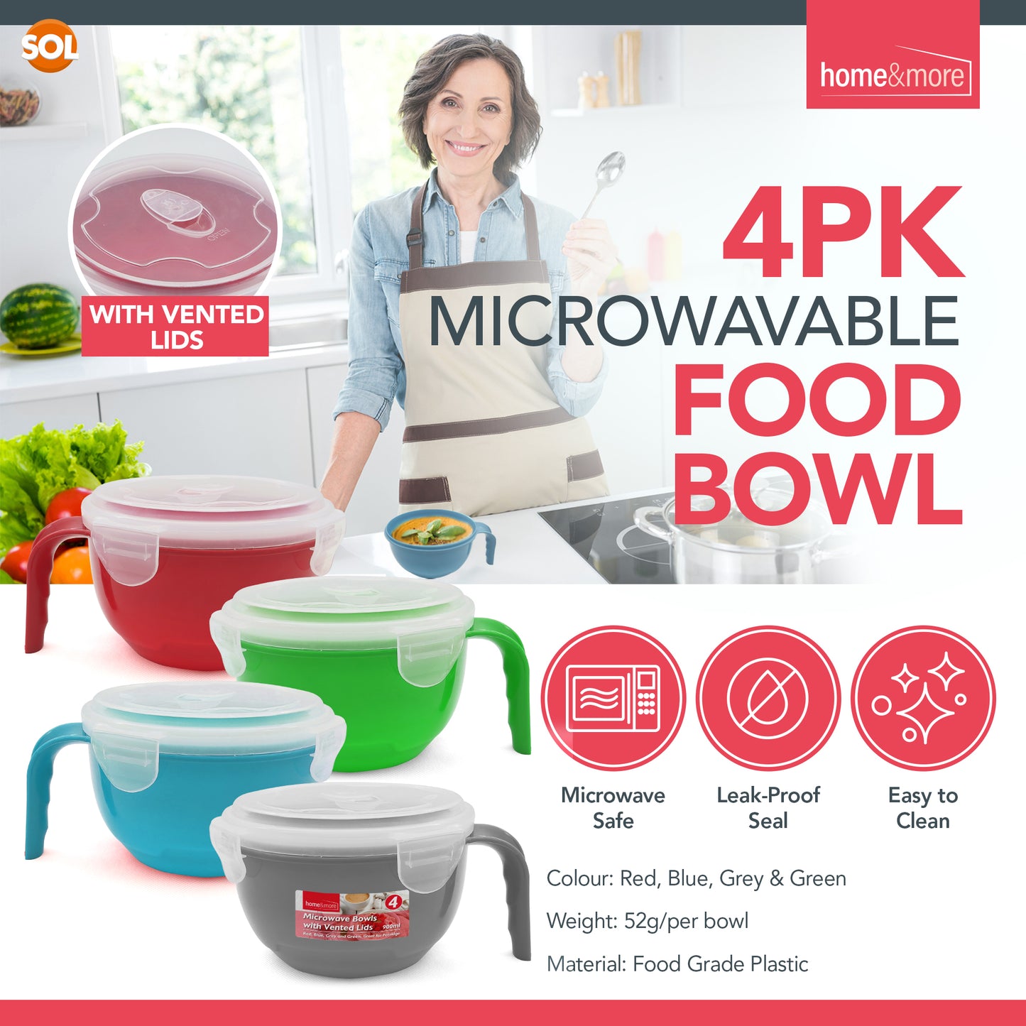 SOL 4pk Microwavable Containers with Vented Lids - 900ml Soup Mugs with Handles for Home & Office - Dishwasher-Safe Microwave Bowls with Leak-Proof Lids
