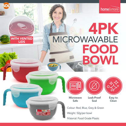SOL 4pk Microwavable Containers with Vented Lids - 900ml Soup Mugs with Handles for Home & Office - Dishwasher-Safe Microwave Bowls with Leak-Proof Lids
