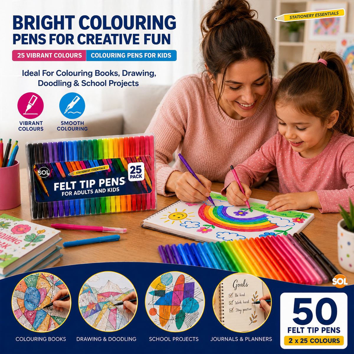 50 Felt Tip Pens for Adults and Kids - 25 Vibrant Colours - 2pk x 25pcs