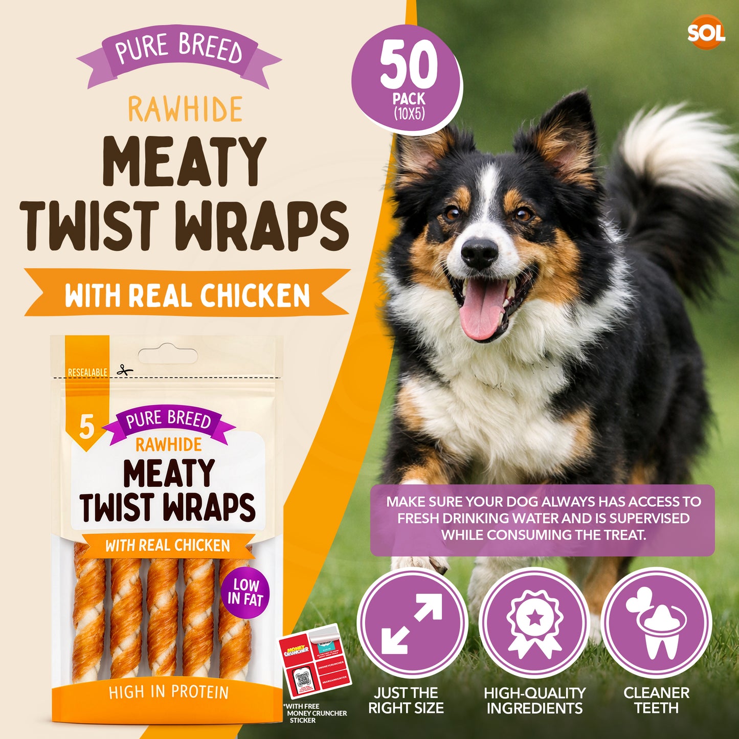 Dog Chews Rawhide Twists Wrapped in Chicken Healthy Treats | 50 Pack