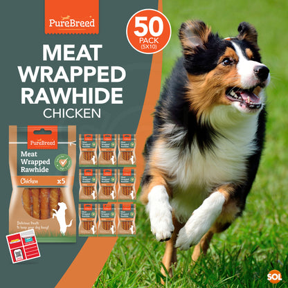 50pk Dog Chews Treats Rawhide Twists Sticks Wrapped in Chicken Meat Healthy Food