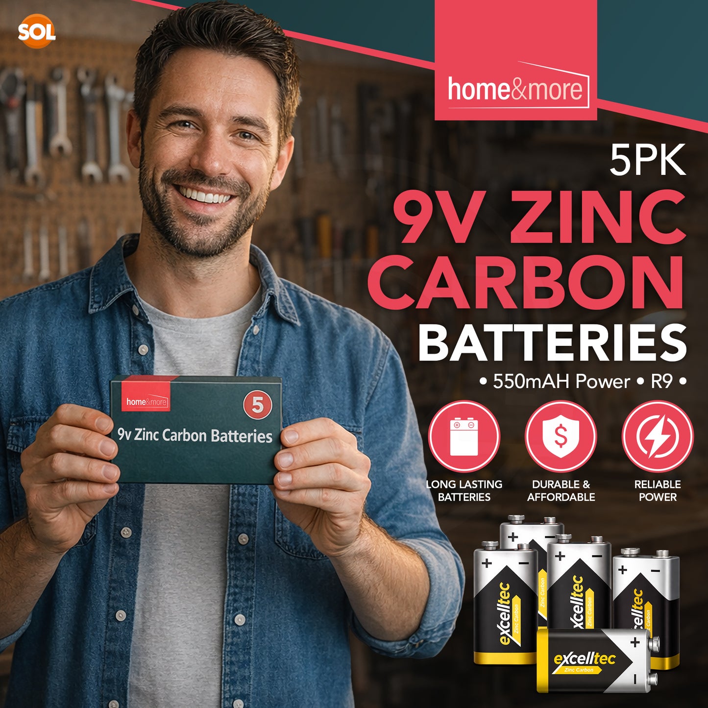 9V Battery | Heavy Duty PP3 Smoke Alarm Zinc Carbon | 5 Pack