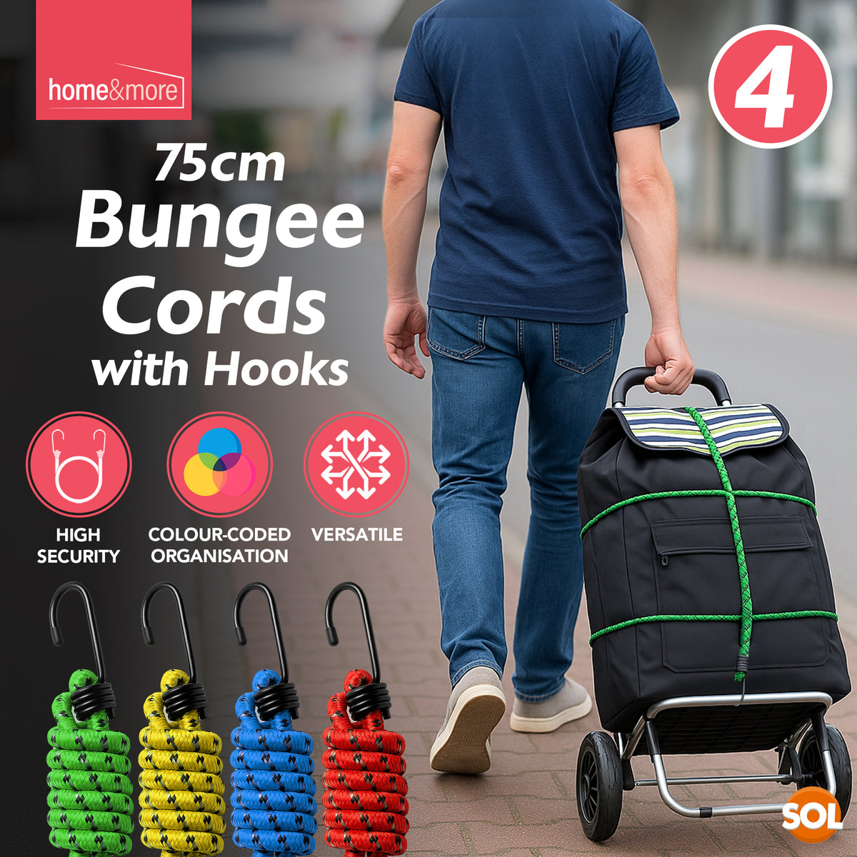 4pk Bungee Cords 75cm Long Elastic Luggage Straps Rope with Hooks Clips Car Bike