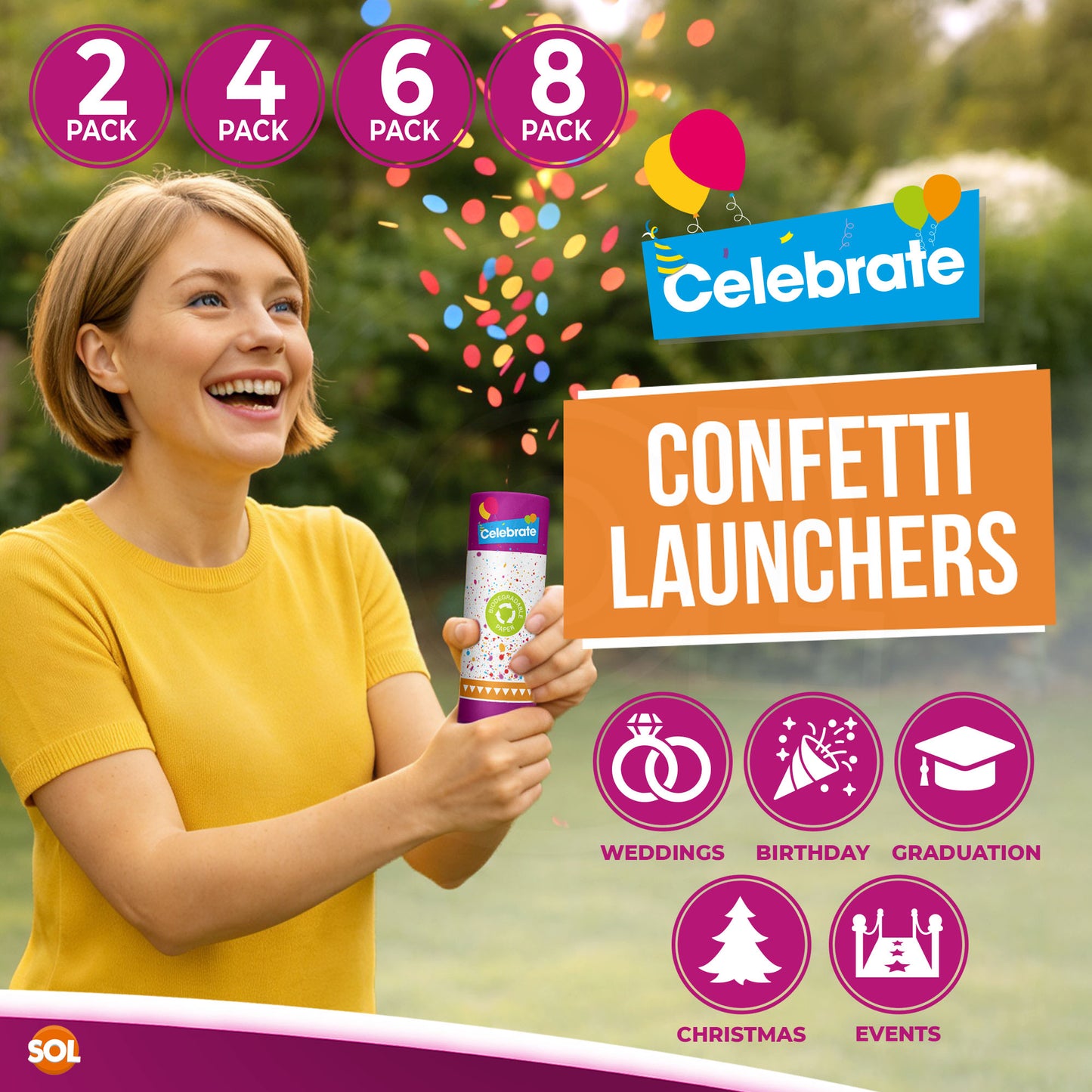 Confetti Cannons Multicolour Biodegradable | Party & Events | 8 Pack