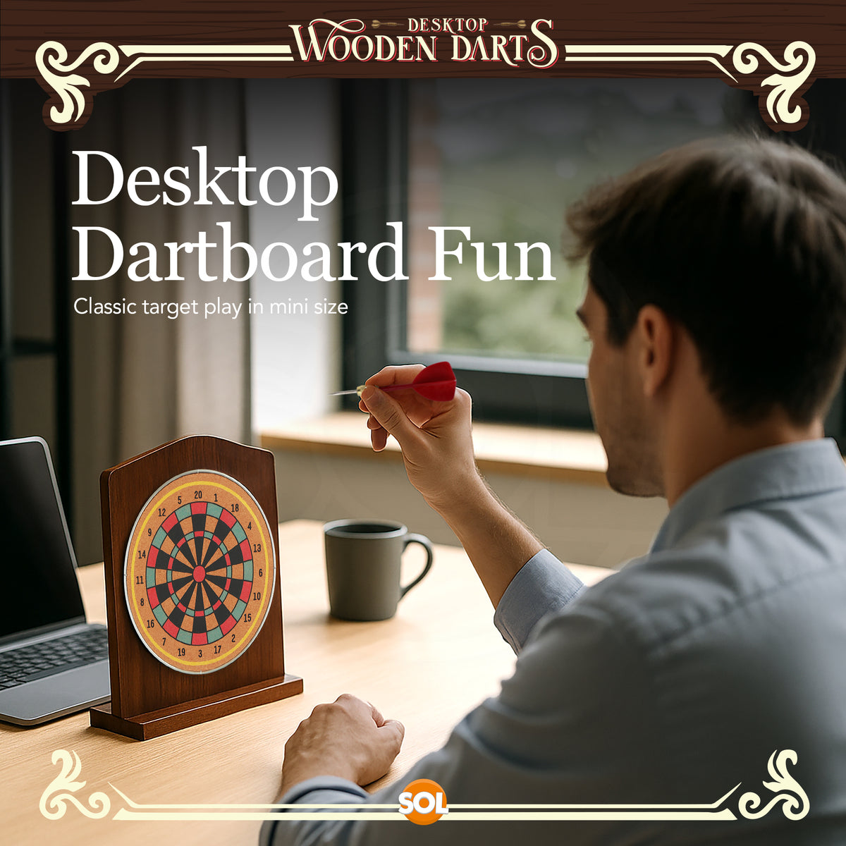 SOL Desktop Wooden Dart Board Set - Compact Tabletop Game for Ages 14+