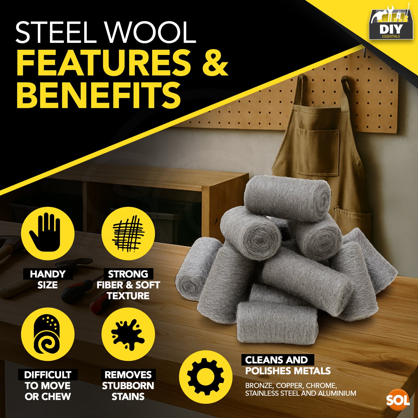 SOL 24pk Steel Wool Pads – Ultra Fine Grade 0000 Metal Scourers for Polishing, Rust Removal, Paint Prep – Versatile Scourers for Cleaning Wood, Metal, Furniture, Restoration and DIY Use
