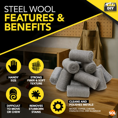 SOL 24pk Steel Wool Pads – Ultra Fine Grade 0000 Metal Scourers for Polishing, Rust Removal, Paint Prep – Versatile Scourers for Cleaning Wood, Metal, Furniture, Restoration and DIY Use