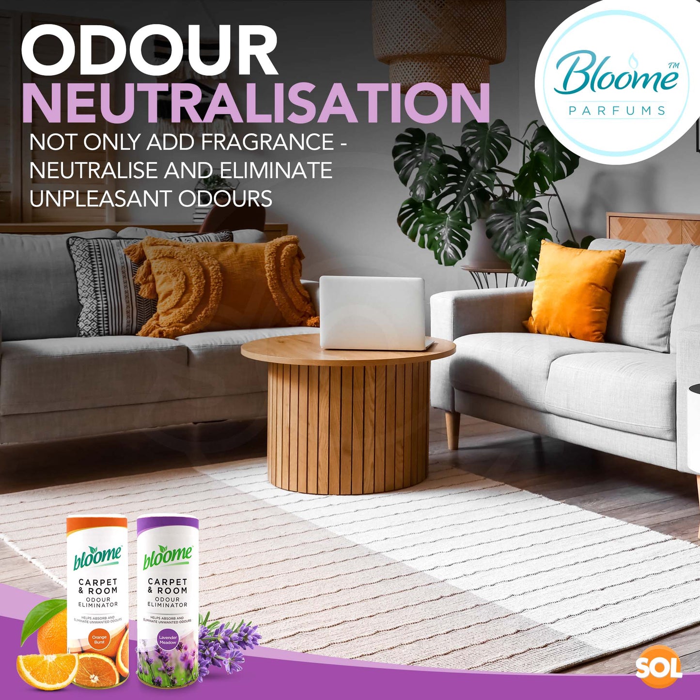 SOL 2pk Assorted Fragranced Carpet Freshener Pet Friendly Odour Eliminator, Carpet Deodoriser Powder Long Lasting Clean & Fresh Fragrance in Lavender and Orange Scents