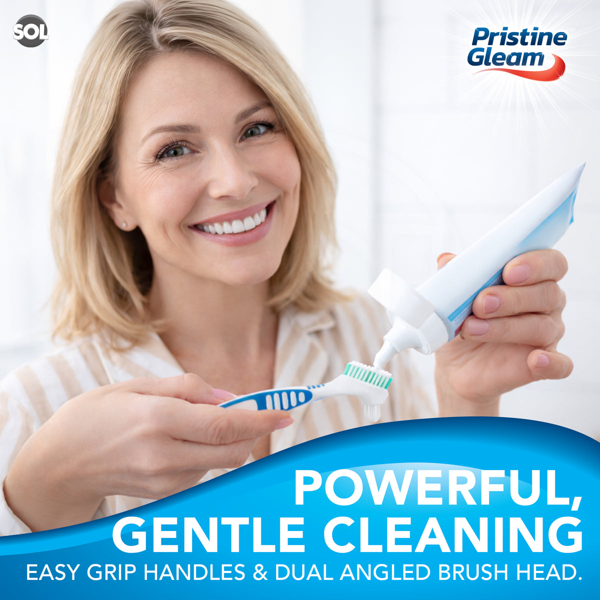 SOL 2pk Denture Brush – Dual Angled Heads with Soft Bristles for Hard-to-Reach Areas, Ideal Oral Hygiene Solution for False Teeth and Oral Appliance, Comfortable, Non-Slip Grip Handle Retainer Cleaner