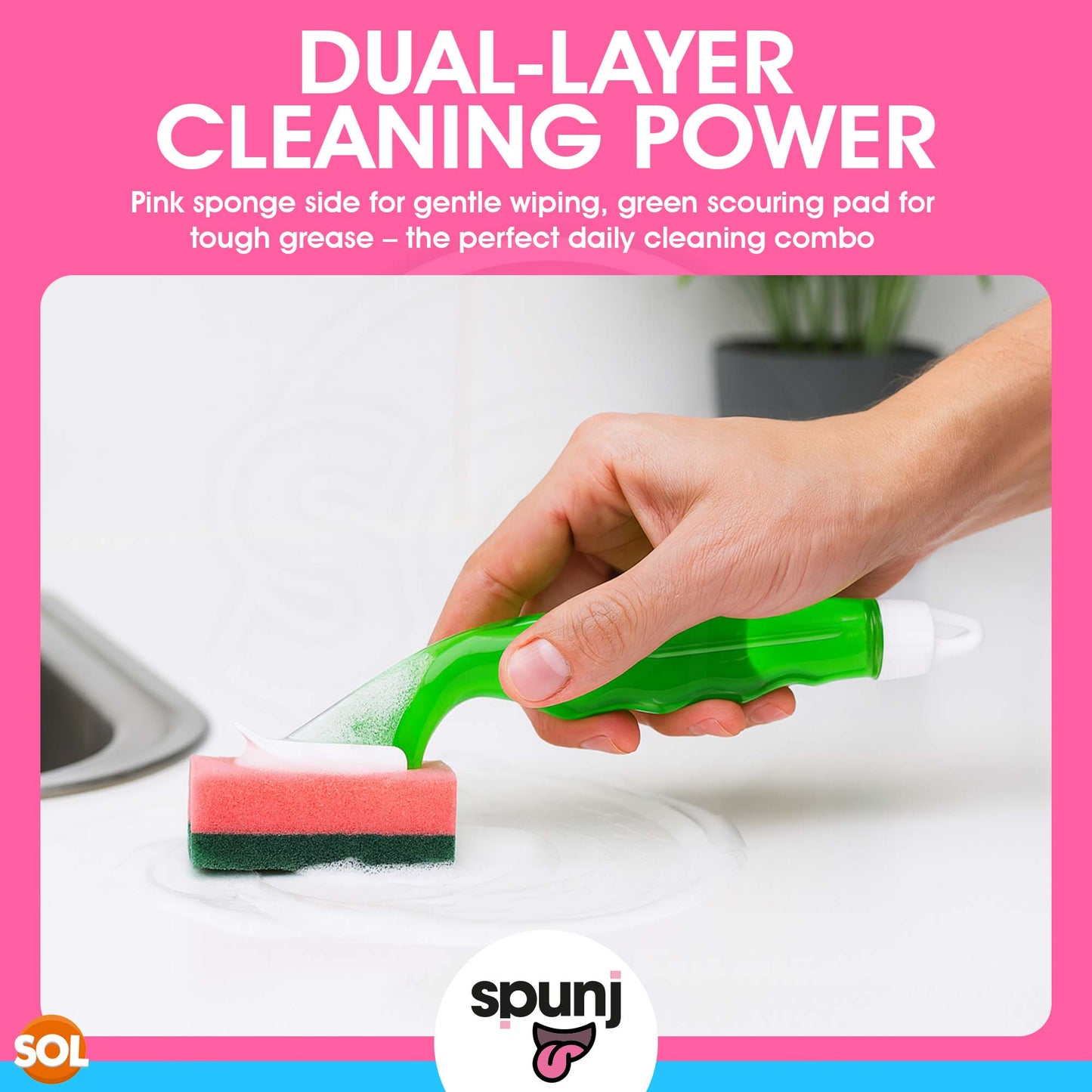 spunj 2 Pack Sponge with Liquid Handle Bundled with 6x Refill Heads - Liquid Handle Sponge for Super Fun Easy Cleaning and Dishwashing, Built in Soap Dispenser & Replaceable Heads