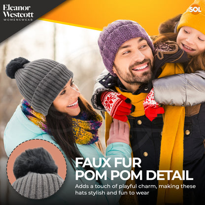 Women's Thermal Bobble Hat | Knitted Beanie with Faux Fur Pom Pom | Winter Warm Outdoor Wear | 2 Pack