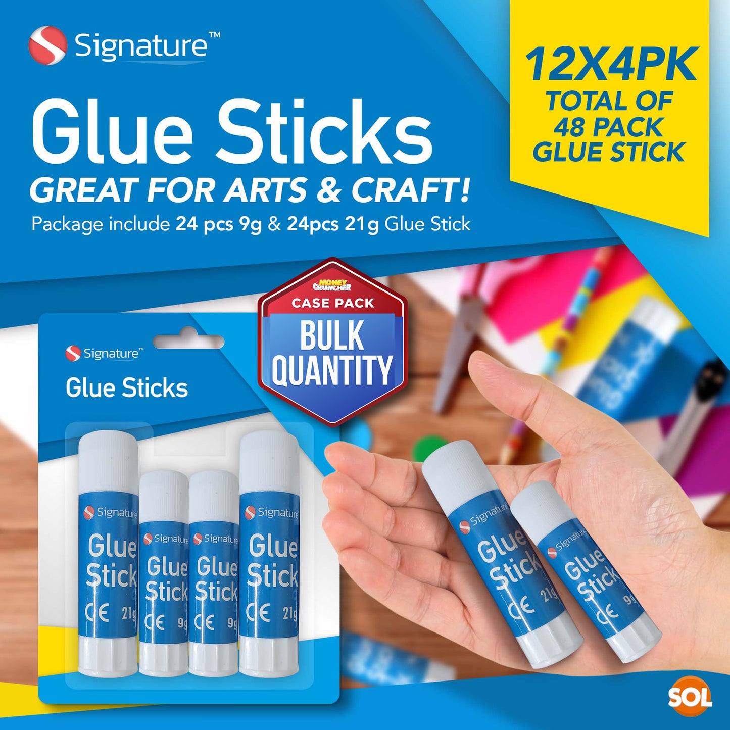 SOL 48pk Glue Sticks Multipack - Large & Mini Sizes for School & Crafts, Non-Toxic Kids Glue, Quick-Dry Adhesive for Paper, Card & Projects, Strong Bond for Detailed & Big Crafting Tasks, Easy to Use