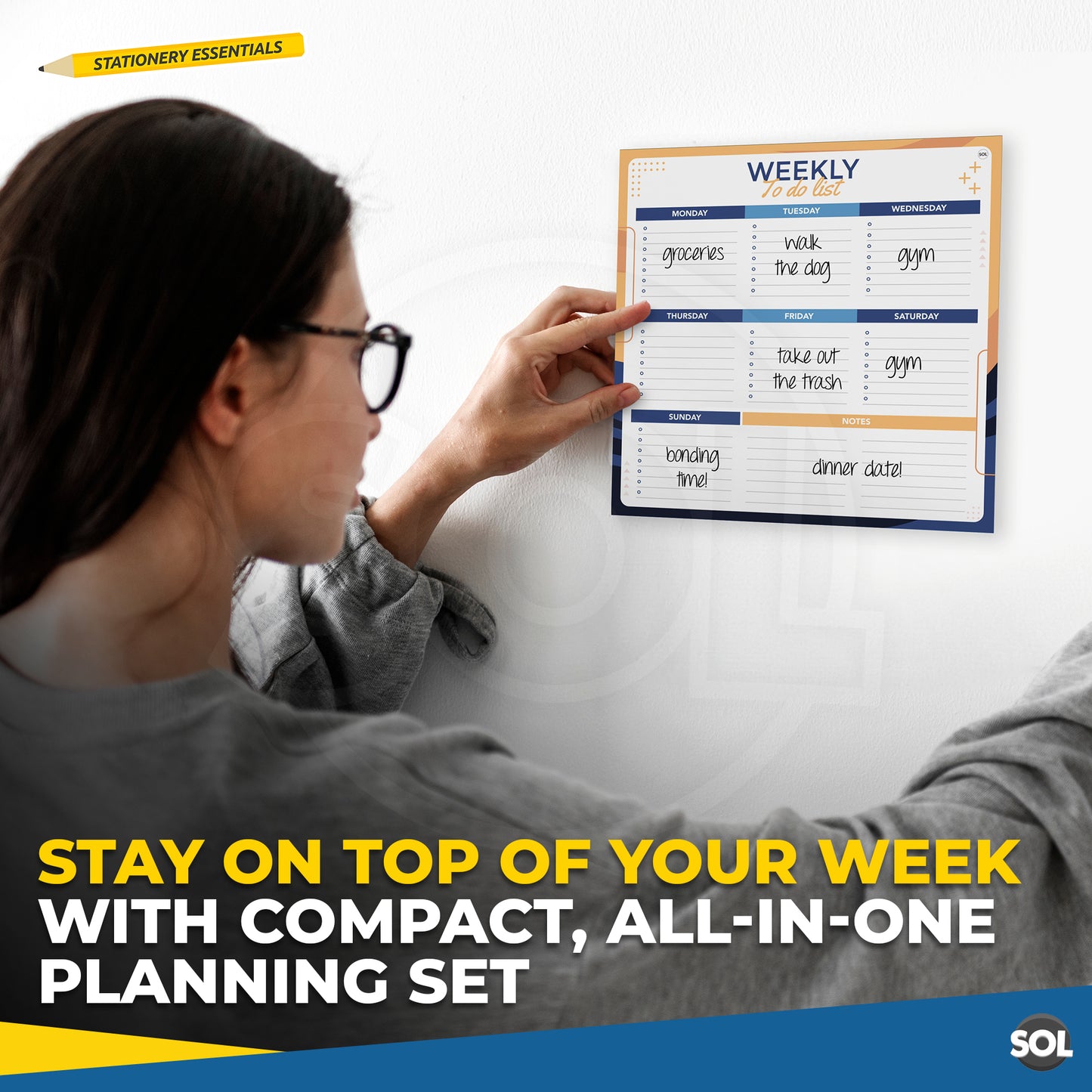 SOL 3-in-1 Weekly Planner, To do List & Shopping List Pad Set, Tear-off 50 Sheets Each, Minimalist Desk Organiser for Productivity, Tasks, Planning Schedule for Home & Office Use