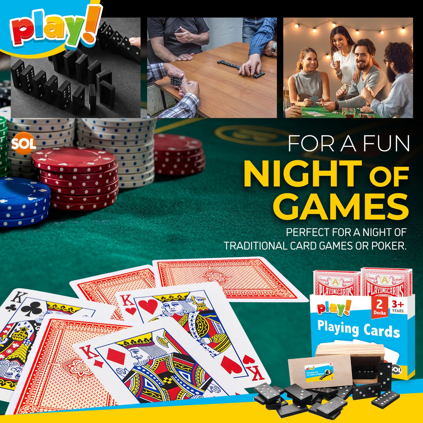 Playing Cards & Dominoes Game Set | 2 Pack Plastic Coated Cards + 28 Dominoes