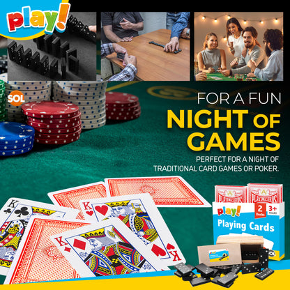 Playing Cards & Dominoes Game Set | 2 Pack Plastic Coated Cards + 28 Dominoes