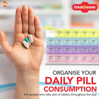 SOL 4pk Weekly Pill Box Organiser - 7 Day 4 Times a Day - Colourful Compartments, Large Storage for Medication, Easy-to-Lift Lids, Travel-Friendly, Ideal for Supplements and Daily Tablet Management