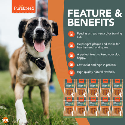 50pk Dog Chews Treats Rawhide Twists Sticks Wrapped in Chicken Meat Healthy Food