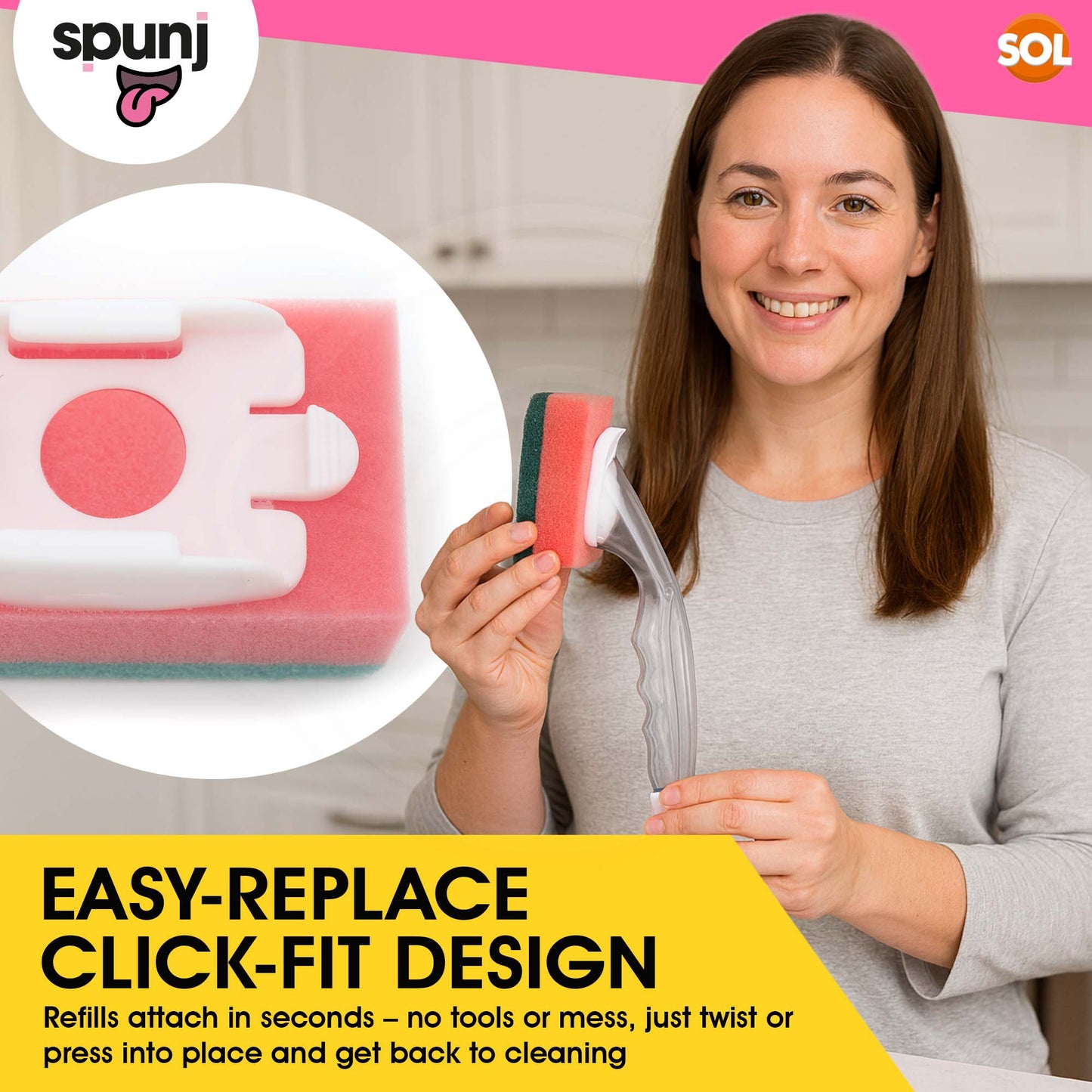 spunj 2 Pack Sponge with Liquid Handle Bundled with 6x Refill Heads - Liquid Handle Sponge for Super Fun Easy Cleaning and Dishwashing, Built in Soap Dispenser & Replaceable Heads