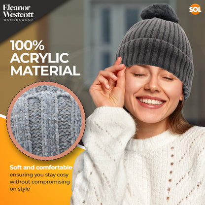 Women's Thermal Bobble Hat | Knitted Beanie with Faux Fur Pom Pom | Winter Warm Outdoor Wear | 2 Pack