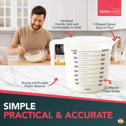 Plastic Measuring Jug 1 Litre | Baking Kitchen Stackable | 3 Pack