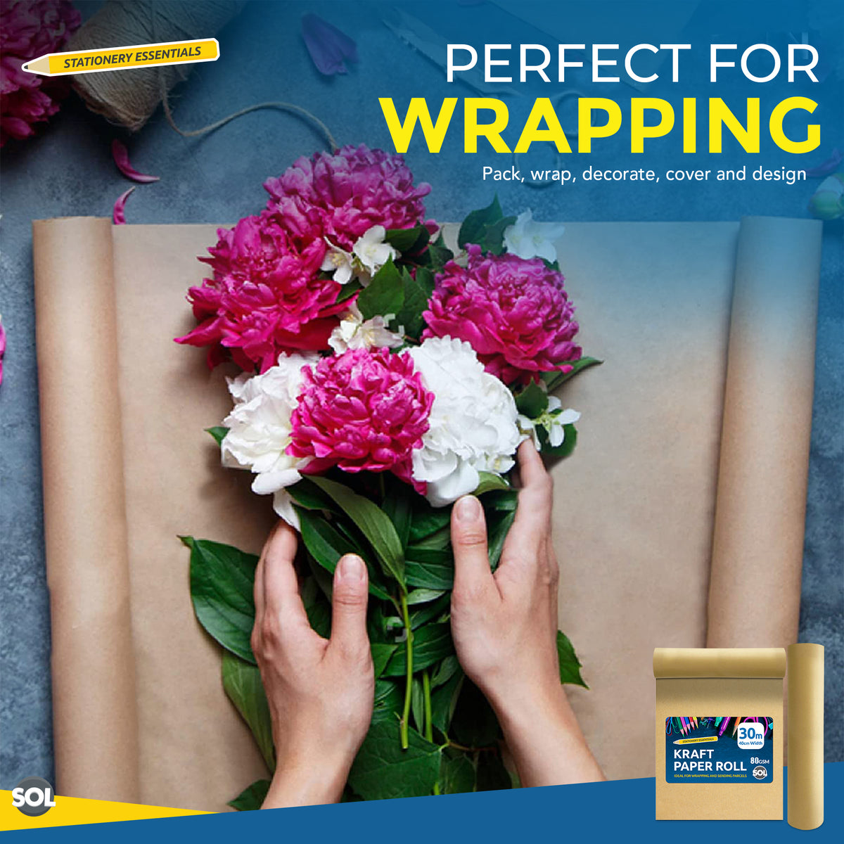 SOL 30m Brown Kraft Paper Roll 40cm Wide - 80gsm Strong Wrapping Paper