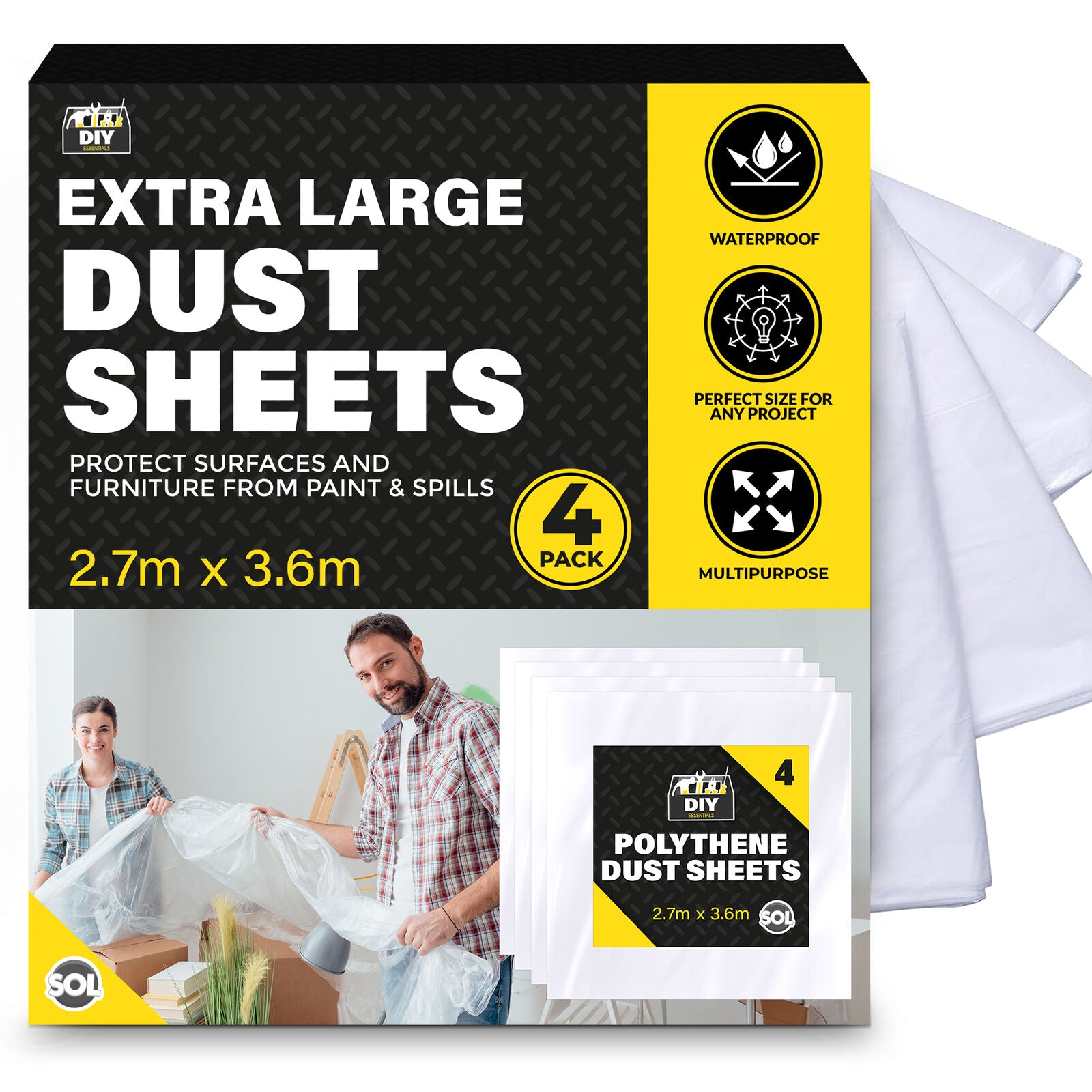 Large Dust Sheets 3.6M | Clear Plastic Polythene Decorating Covers | 4 Pack