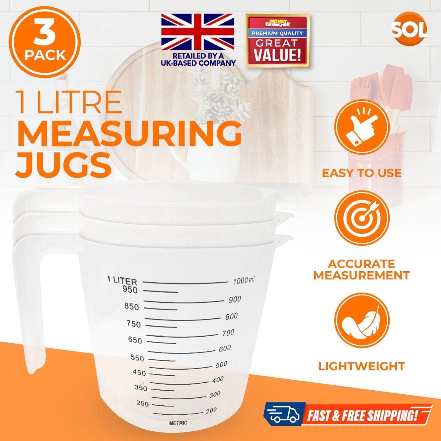 3-9 1 Litre Plastic Clear Measuring Jug Baking Kitchen Cooking Stackable Handle