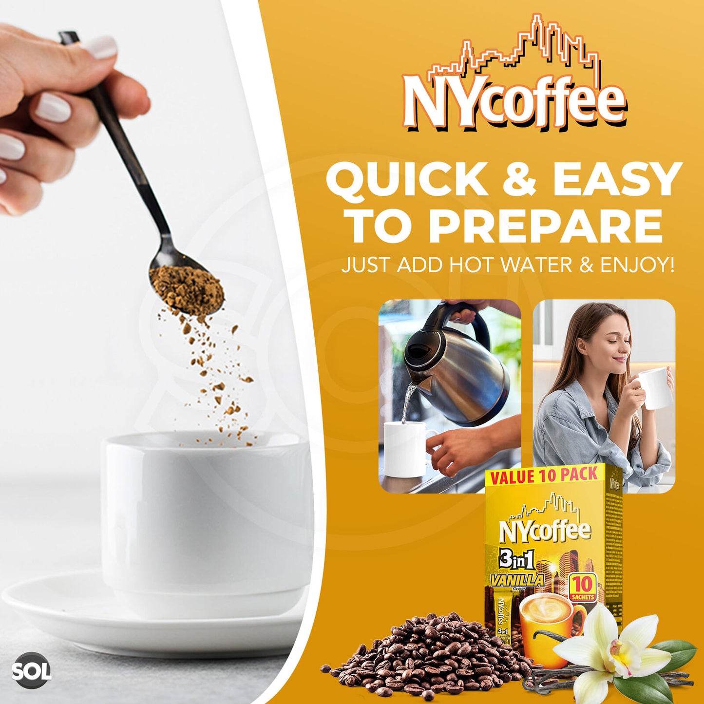 NY Coffee 3 in 1 Vanilla 100 Sachets Sticks 10x10pk Instant White & Sugar