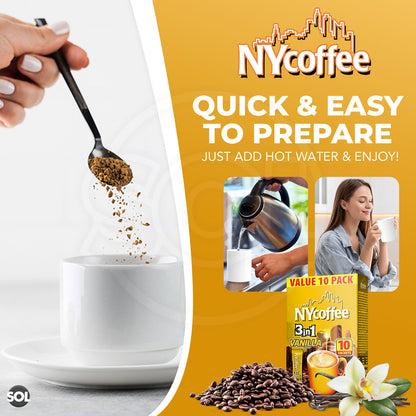 NY Coffee 3 in 1 Vanilla 100 Sachets Sticks 10x10pk Instant White & Sugar
