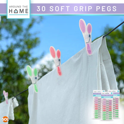 30 Pack Soft Grip Clothes Pegs Strong Plastic Laundry Rubber Clips Washing Line