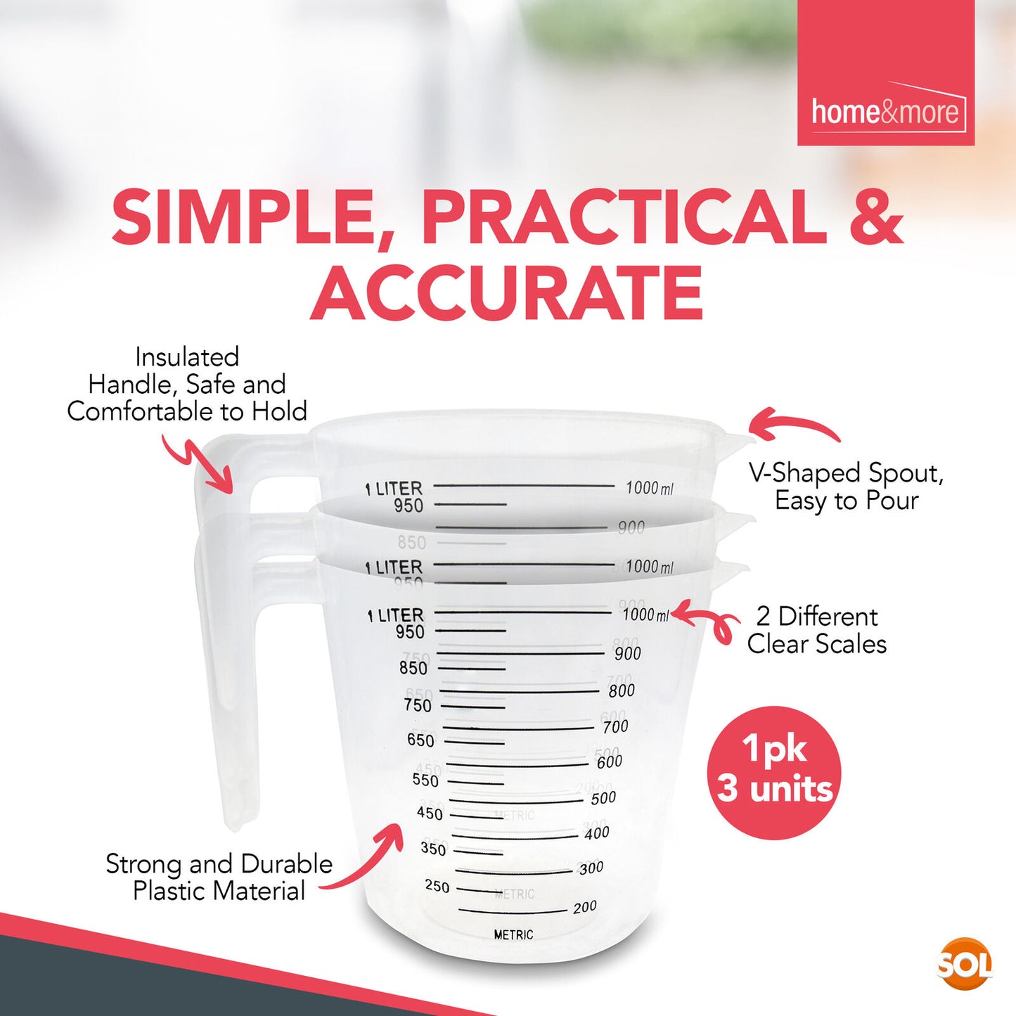3pk 1 Litre Plastic Clear Measuring Jug Baking Kitchen Cooking Stackable Handle