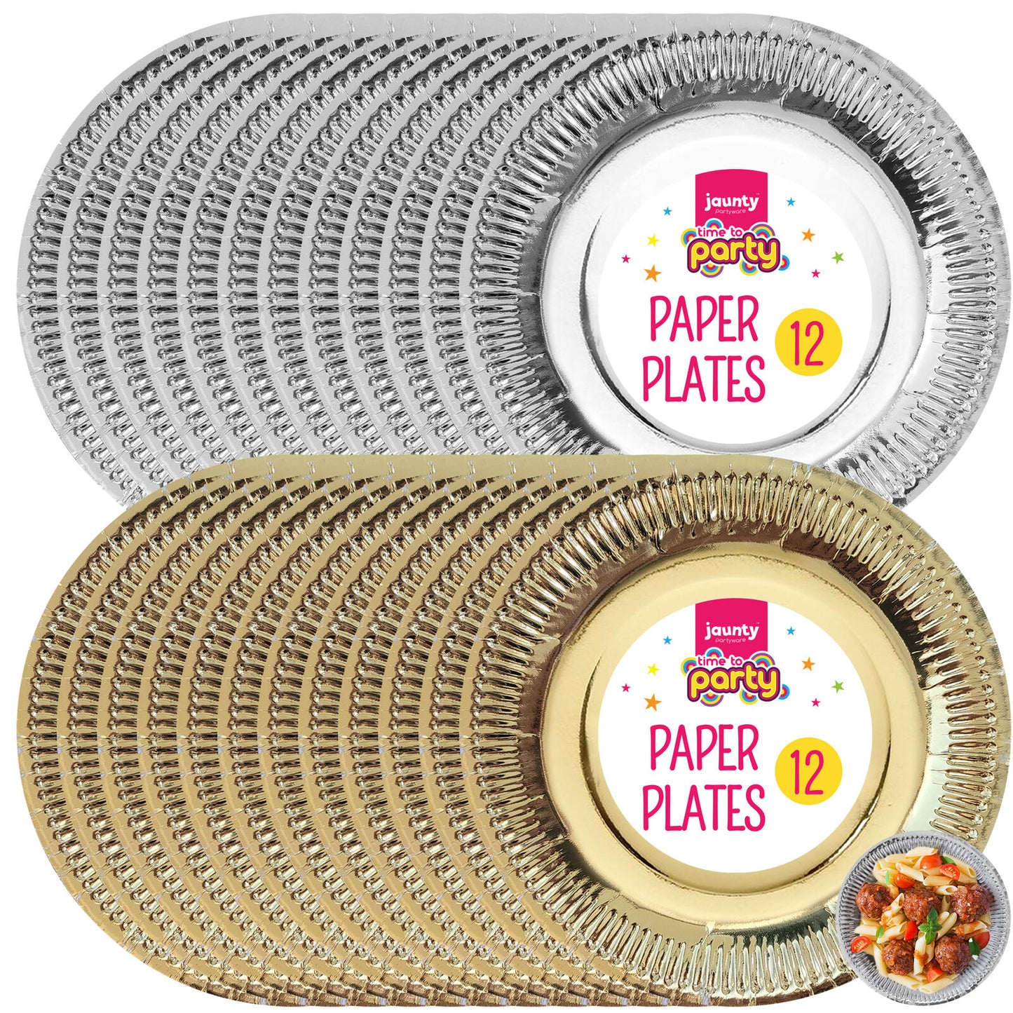 12-48pk Gold Silver Paper Plates 9 Inch Round Disposable Party Tableware Events