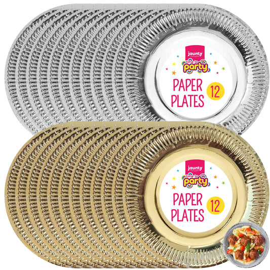 12-48pk Gold Silver Paper Plates 9 Inch Round Disposable Party Tableware Events