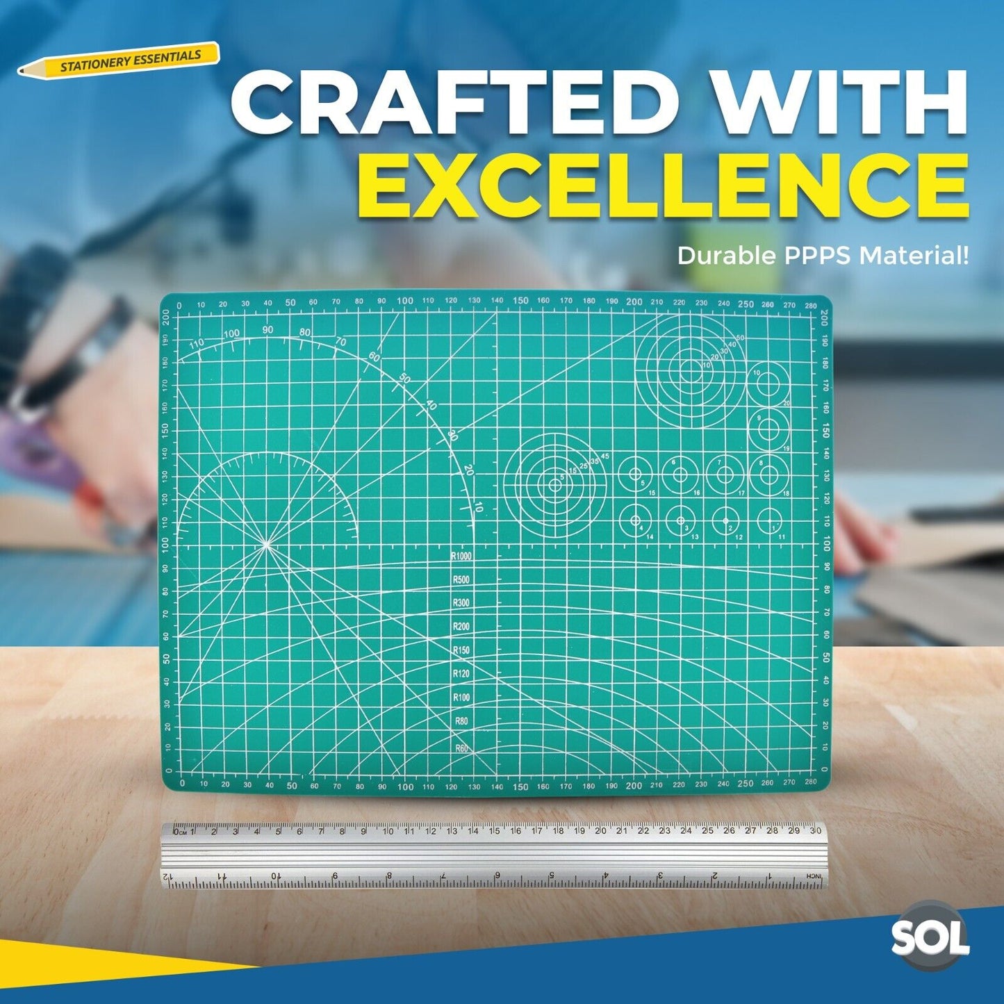 A4 Cutting Mat Self Healing Non Slip Printed Grid Lines Craft + 30cm Metal Ruler