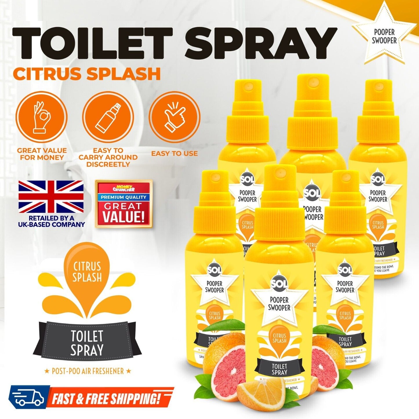 3-6 60ml Pooper Star Toilet Spray Air Freshener Bowl | Citrus Fragrance Perfume