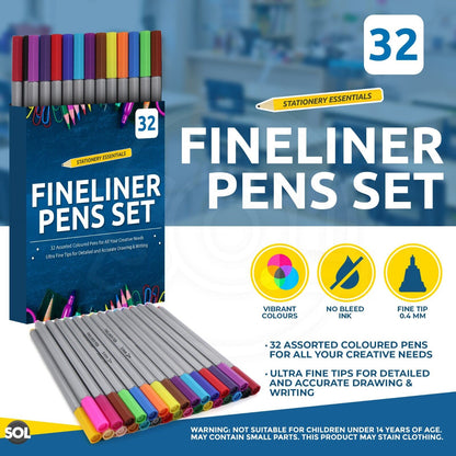 32 Coloured Fine Liner Pens Set | 0.4mm Art Colouring Pack