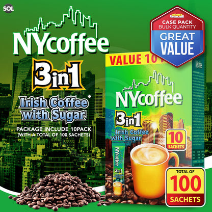 NY Coffee 3 in 1 Irish 100 Sachets Sticks 10x10pk Instant White With Sugar