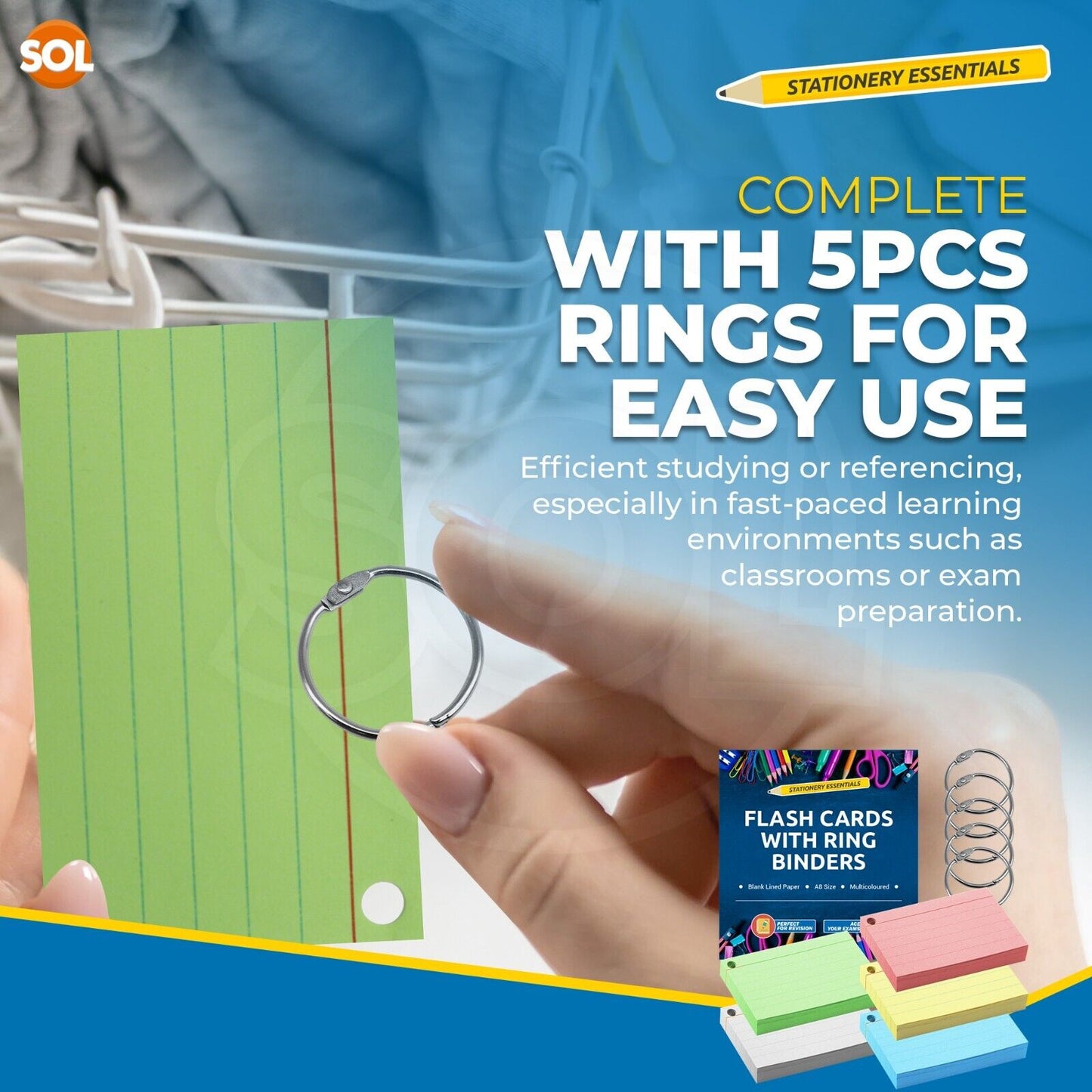 500-1000 Revision Cards with Rings Record Flash Blank Index Coloured Lined 70GSM