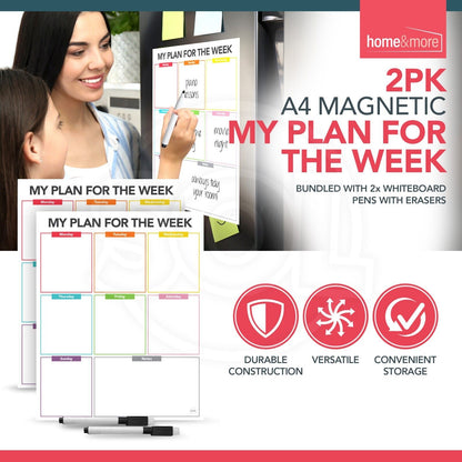 2pk Weekly Planner Magnetic A4 Whiteboard Fridge To Do List Pad  + Dry Wipe Pens