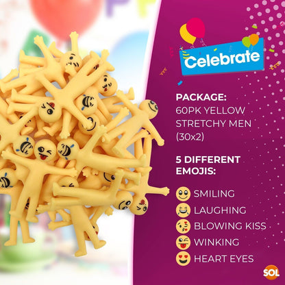 60 Yellow Stretchy Men | Party Bag Fillers Kids Fun Smiley Man Sticky Loot Toys