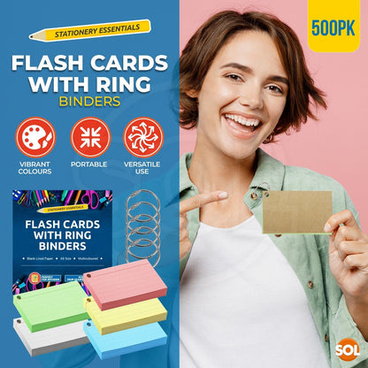 500-1000 Revision Cards with Rings Record Flash Blank Index Coloured Lined 70GSM