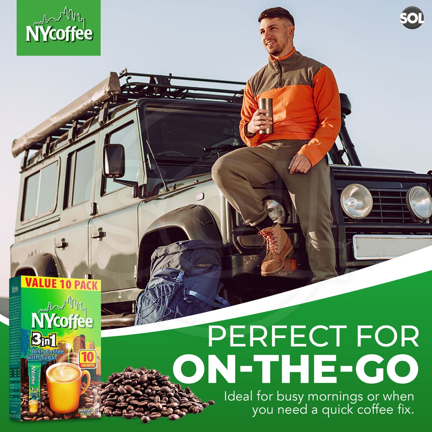 NY Coffee 3 in 1 Irish 100 Sachets Sticks 10x10pk Instant White With Sugar