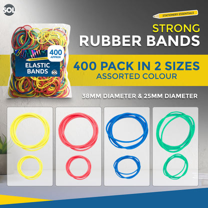 400pk Strong Elastic Rubber Bands Assorted Colours Sizes Home, School and Office