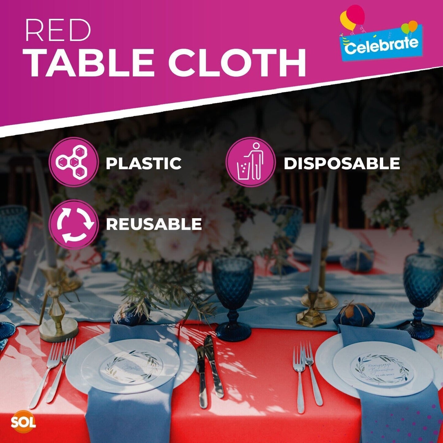 6pk Red Plastic Table Covers Square Tablecloth Disposable Wipe Clean Party Cloth