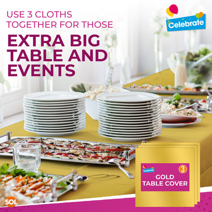3 Gold Plastic Table Covers Square Tablecloth Disposable Wipe Clean Party Cloth