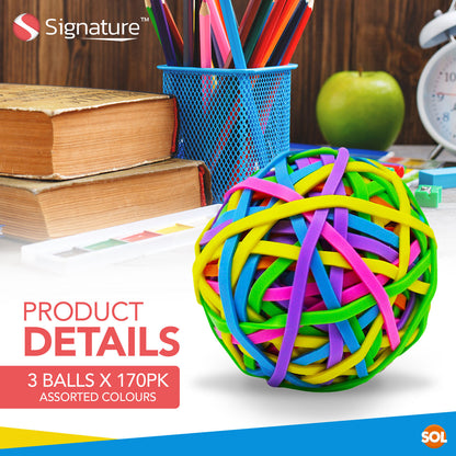 3pk Rubber Band Balls | Assorted Colours Elastic Bands Ball 120g Office School