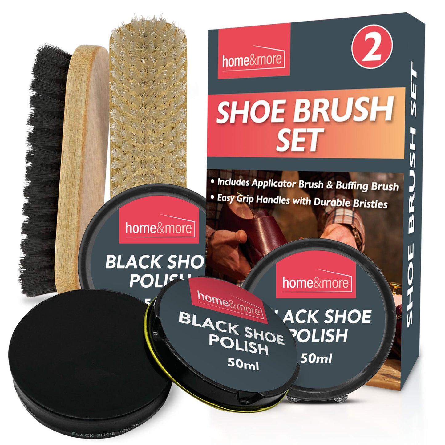 2 Shoe Brush Set Cleaning Kit Black Brown Polish Leather Boot Shine Brushes Care
