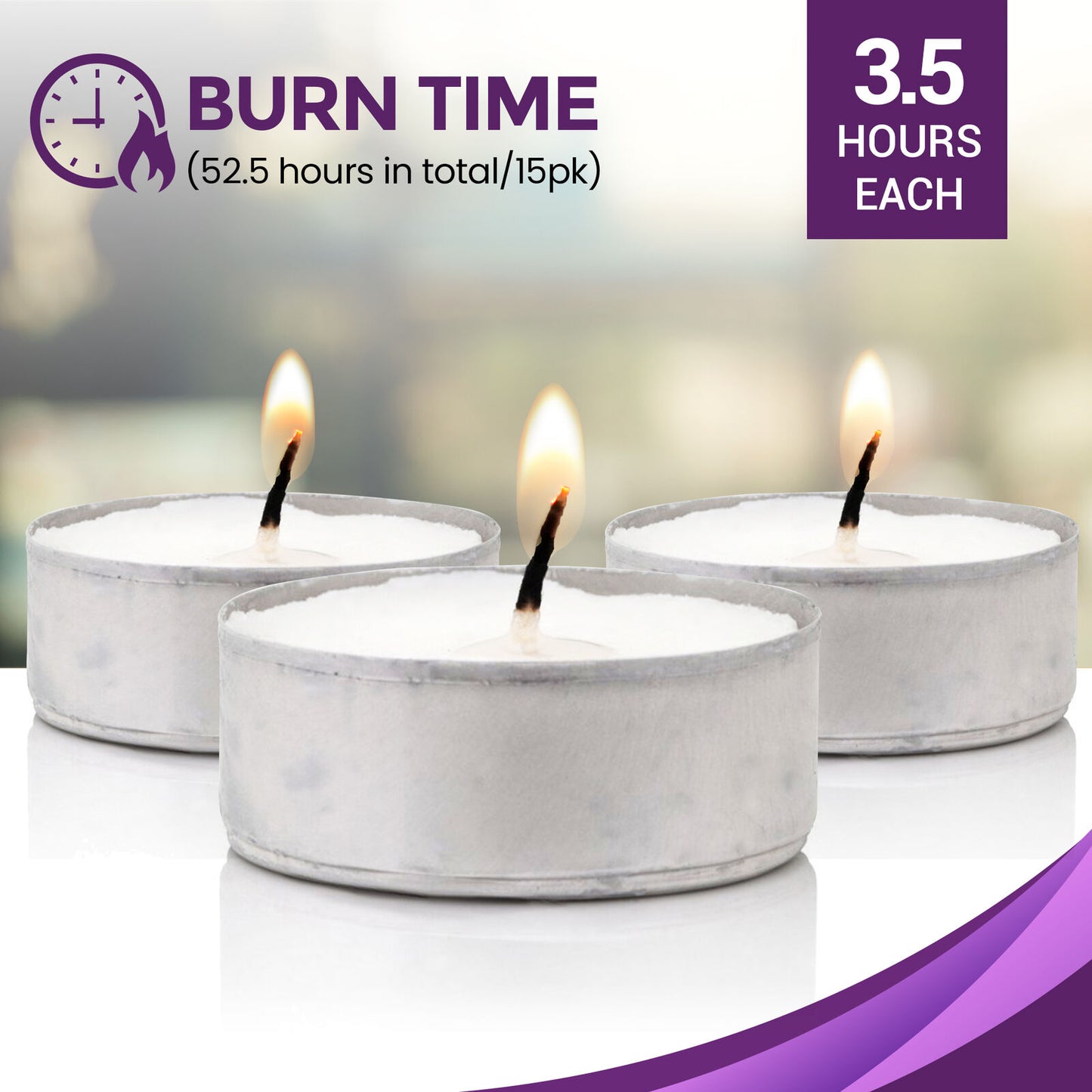 15pk Tea Lights White Unscented Unfragranced Night Candles 3.5 Hour T Tealights