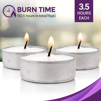 15pk Tea Lights White Unscented Unfragranced Night Candles 3.5 Hour T Tealights